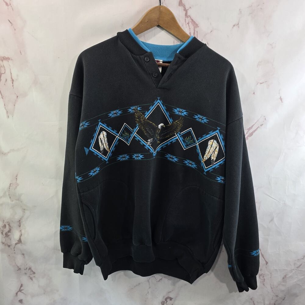 Vintage Sweatshirt Womens L XL Eagle Southwest Aztec Feather Henley Pockets 90s